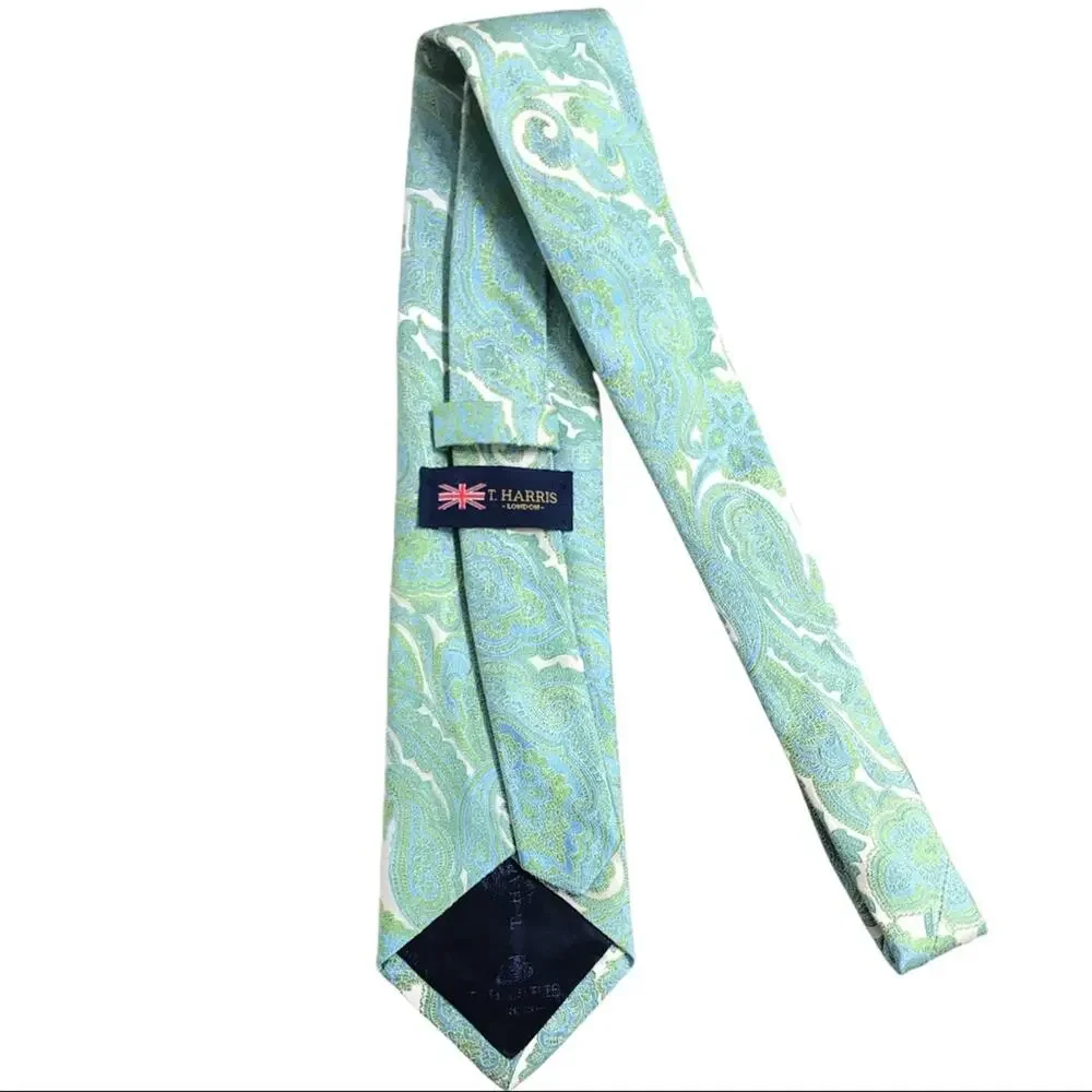 T. Harris London 100% Silk Blue Green Paisley Tie